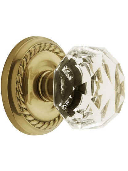 Classic Rope Rosette Set With Diamond Crystal Knobs in Antique Brass.